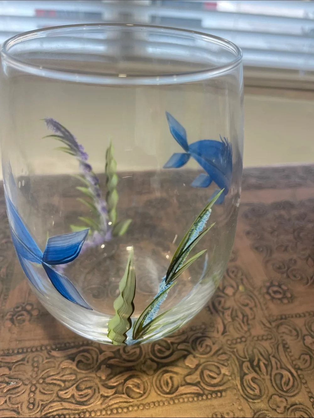 Hand-Painted Blue Fish Stemless Glass - Decorative Aquatic Accent
